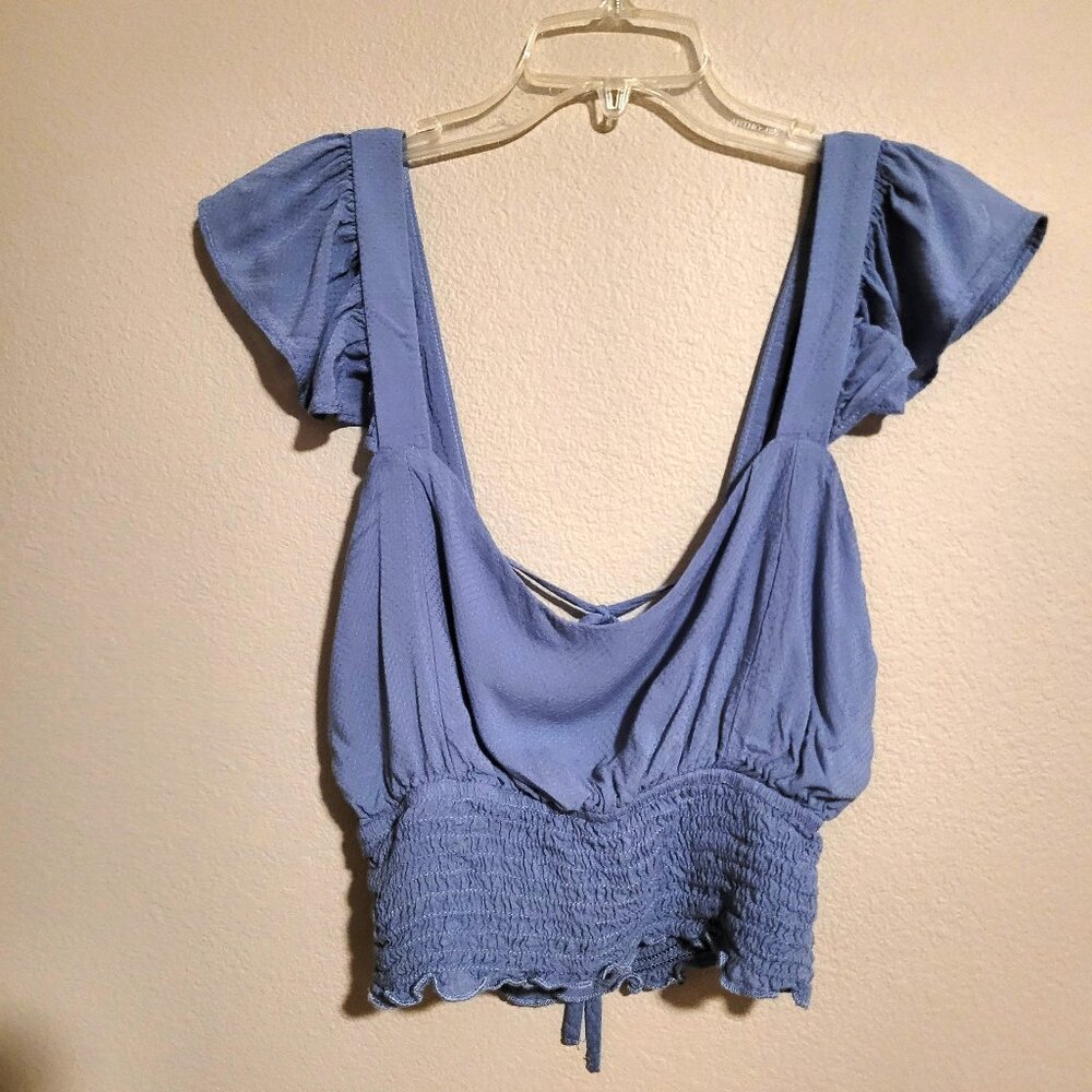 RSQ Flutter Sleeve, Tie Open Back Smocked Crop Top, Blue, Medium